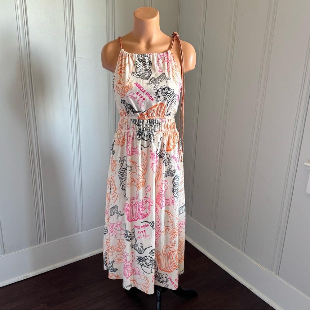 NWT Zara x Disney Jungle Book Graphic Print Gauzy Raw Hem Halter Midi Dress M